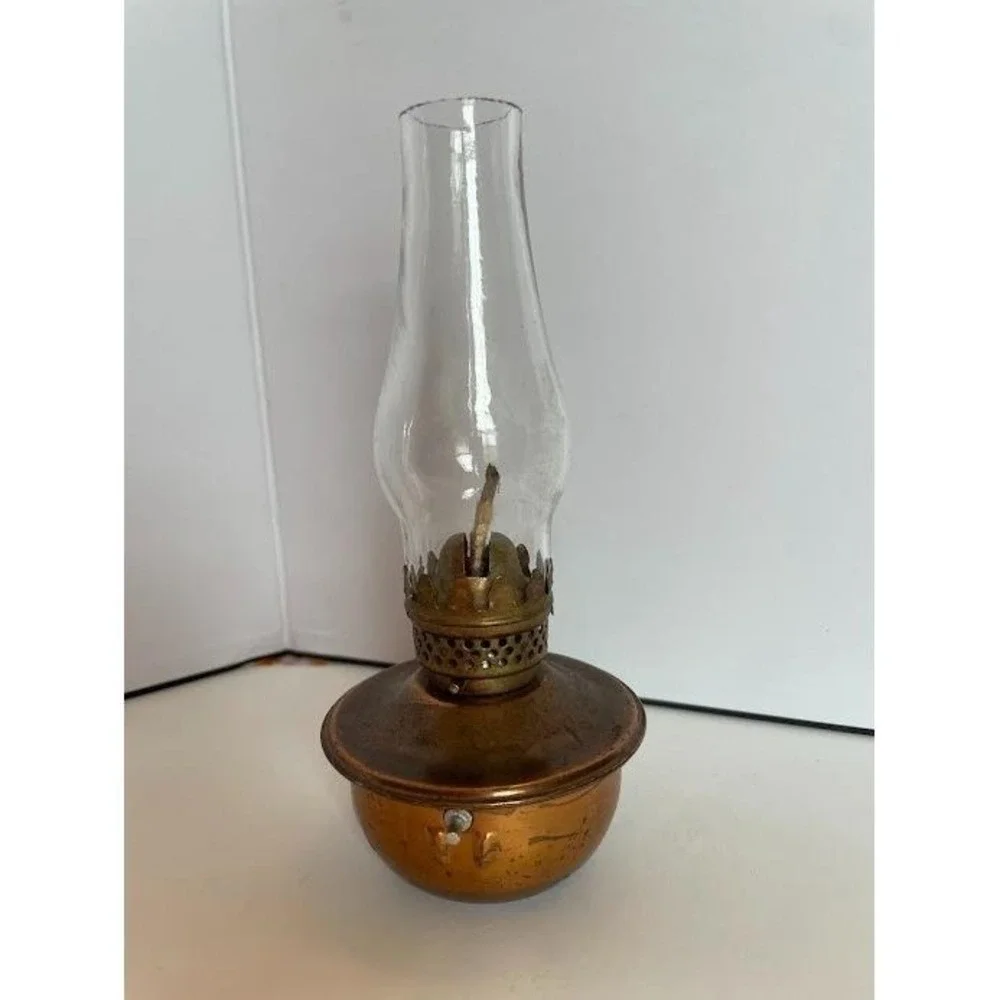 Vintage Brass Miniature Finger Oil Lamp with Clear Glass Hurricane Chimney